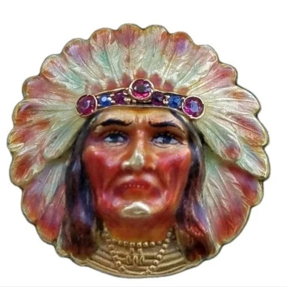 14K Gold Sapphire Ruby Enamel Brooch Art Nouveau